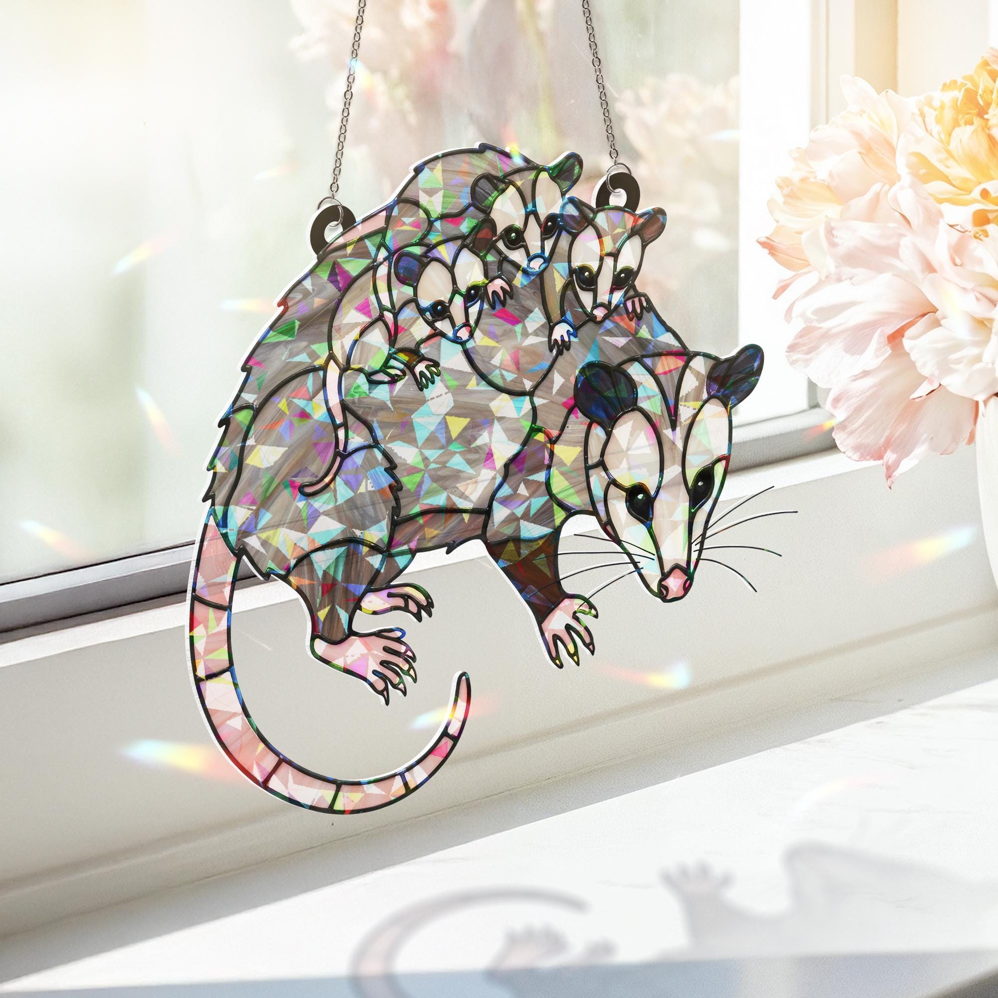 Opossum Mom Hologram Acrylic Suncatcher