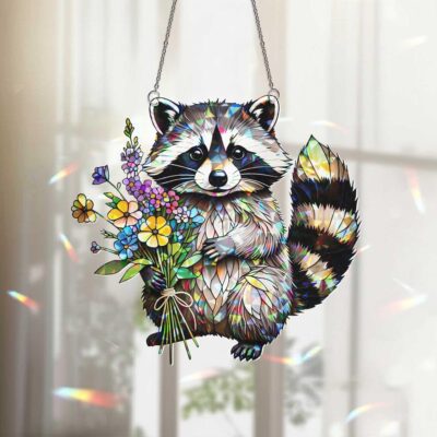 Raccoon Floral Hologram Acrylic Suncatcher