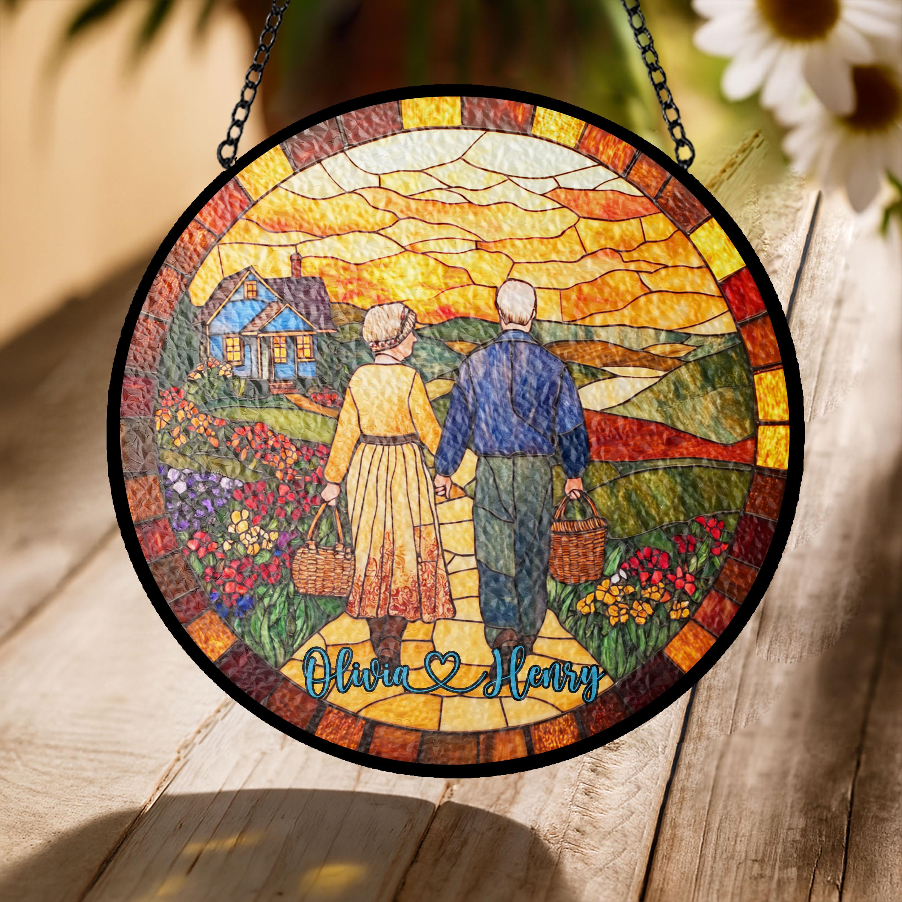 Elderly Couple Forever Love Custom Suncatcher