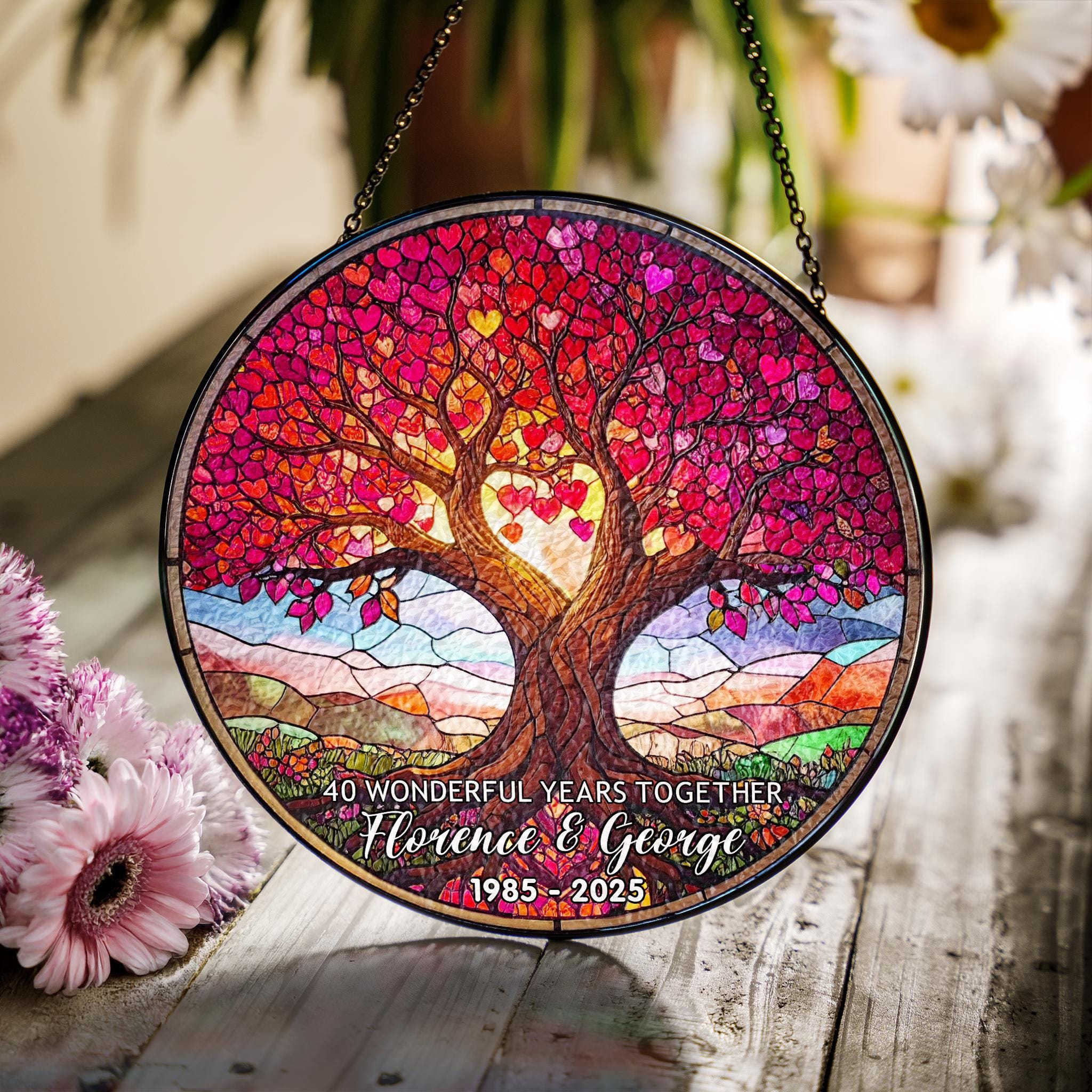 Anniversary Loving Heart Tree Glass Suncatcher - Image 2