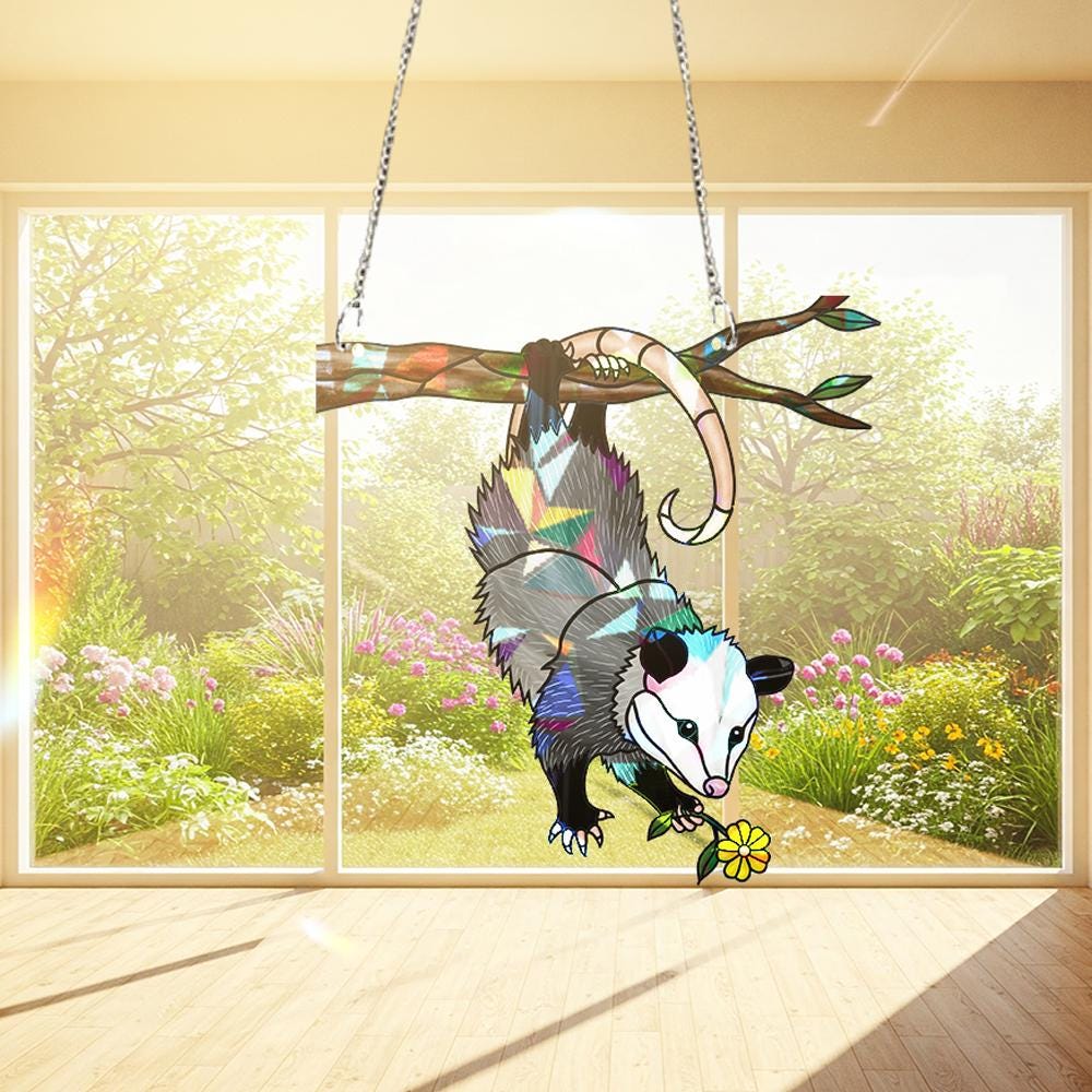 Upside Down Opossum Floral Suncatcher