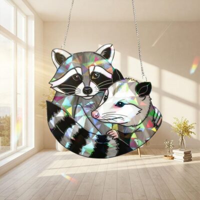 Raccoon Hugging Opossum Hologram Suncatcher