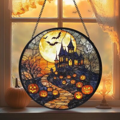 Haunted House Pumpkin Bats Suncatcher