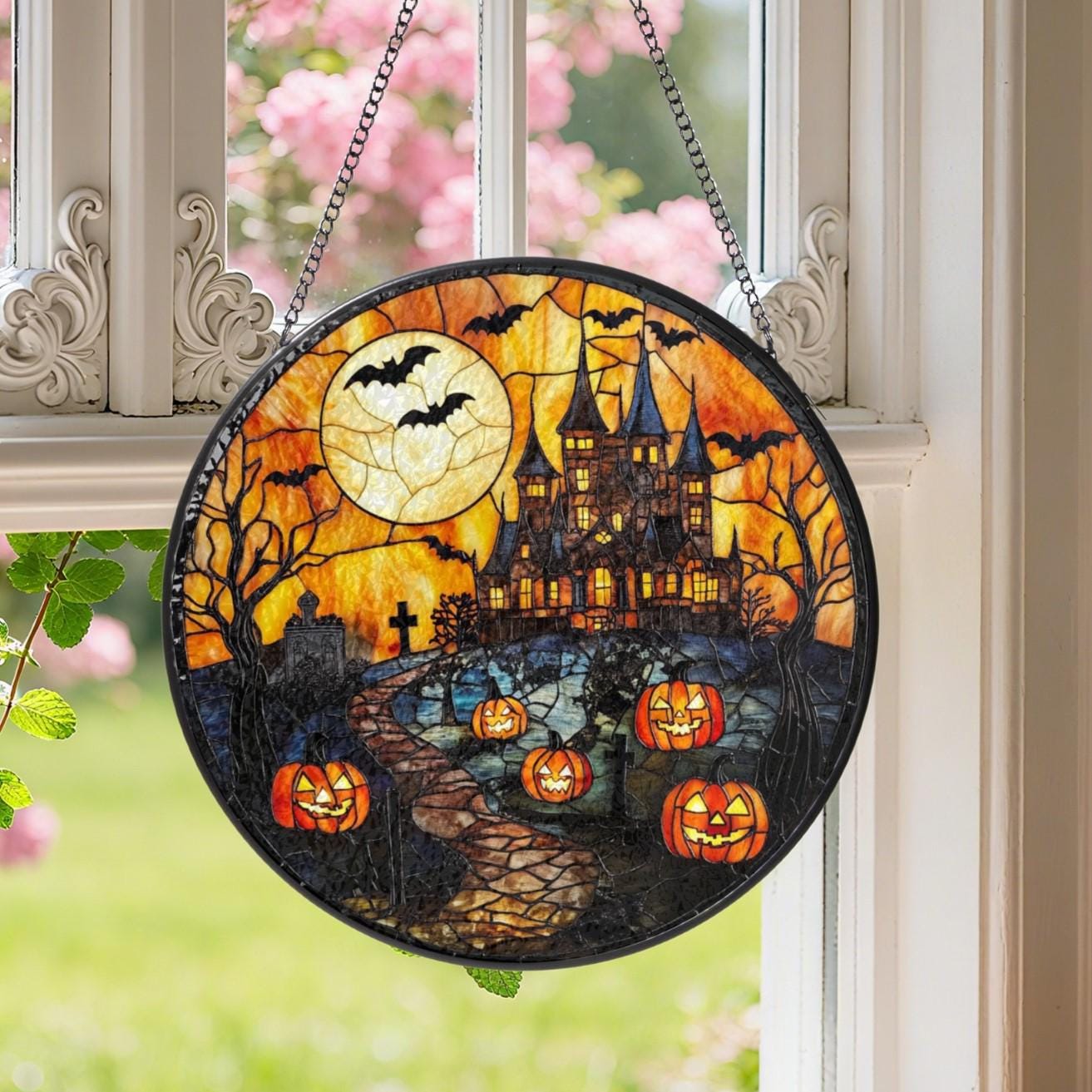 Haunted House Pumpkin Bats Suncatcher - Image 3