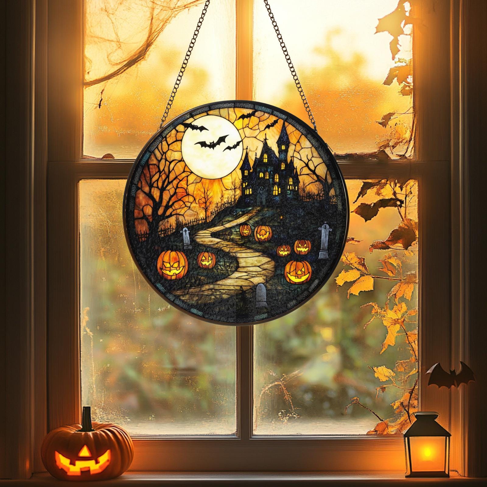 Haunted House Pumpkin Bats Suncatcher - Image 5