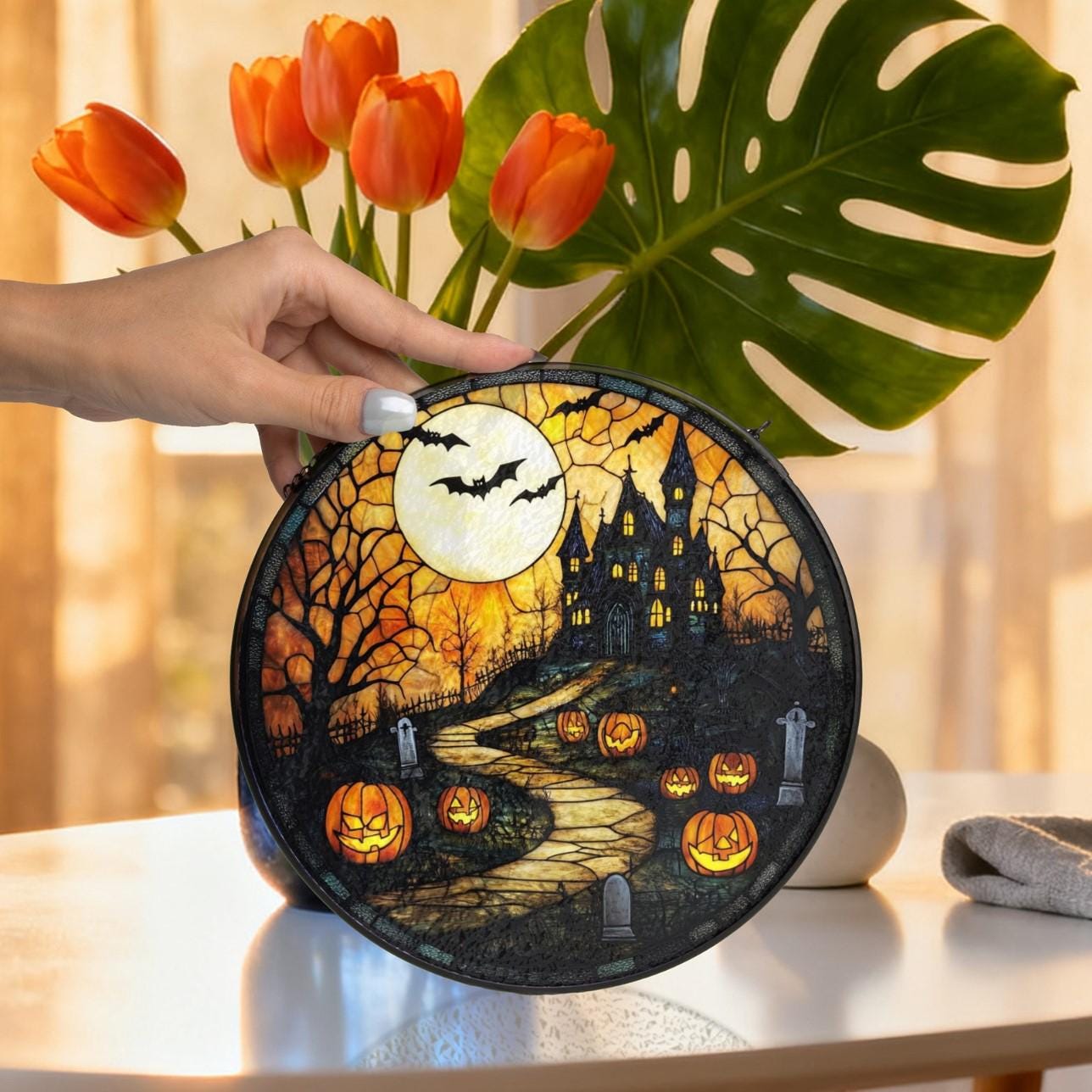 Haunted House Pumpkin Bats Suncatcher - Image 2