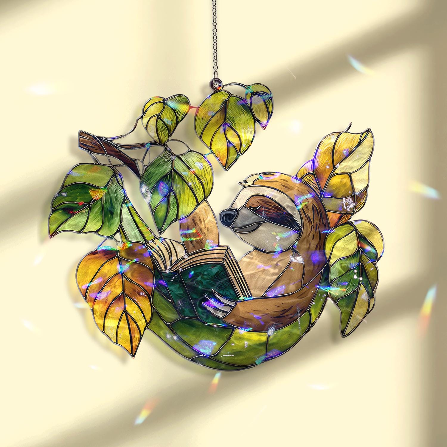 Sloth Reading Leaf Acrylic Suncatcher - Image 4