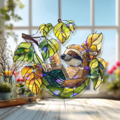 Sloth Reading Leaf Acrylic Suncatcher