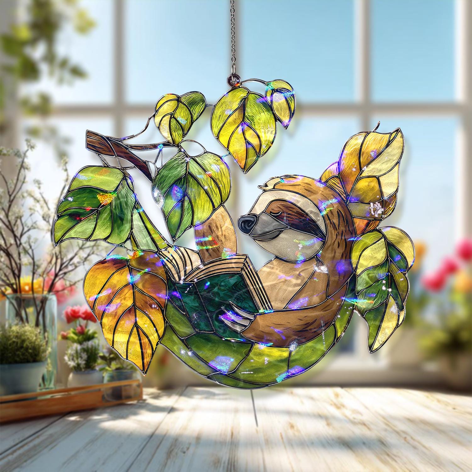 Sloth Reading Leaf Acrylic Suncatcher