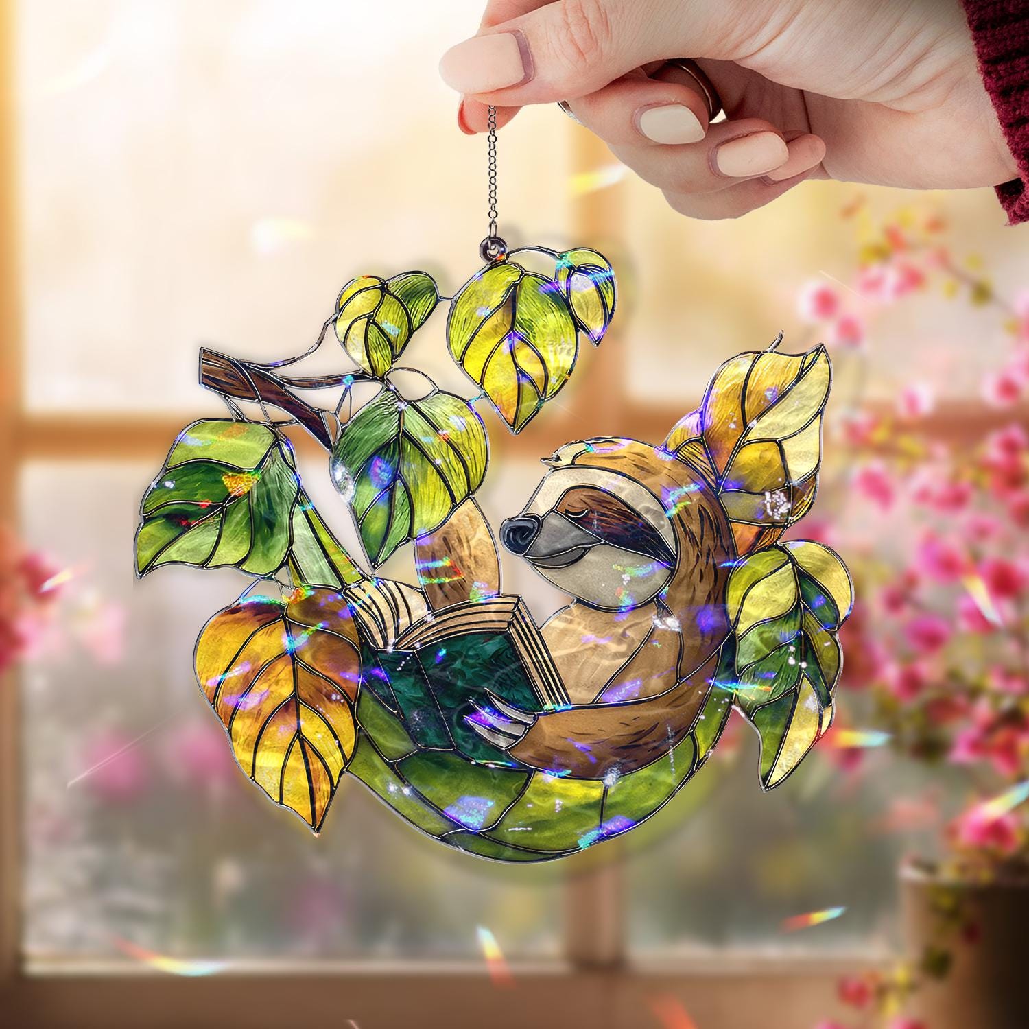 Sloth Reading Leaf Acrylic Suncatcher - Image 2