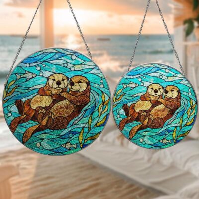 Otter Couple Romantic Ocean Suncatcher