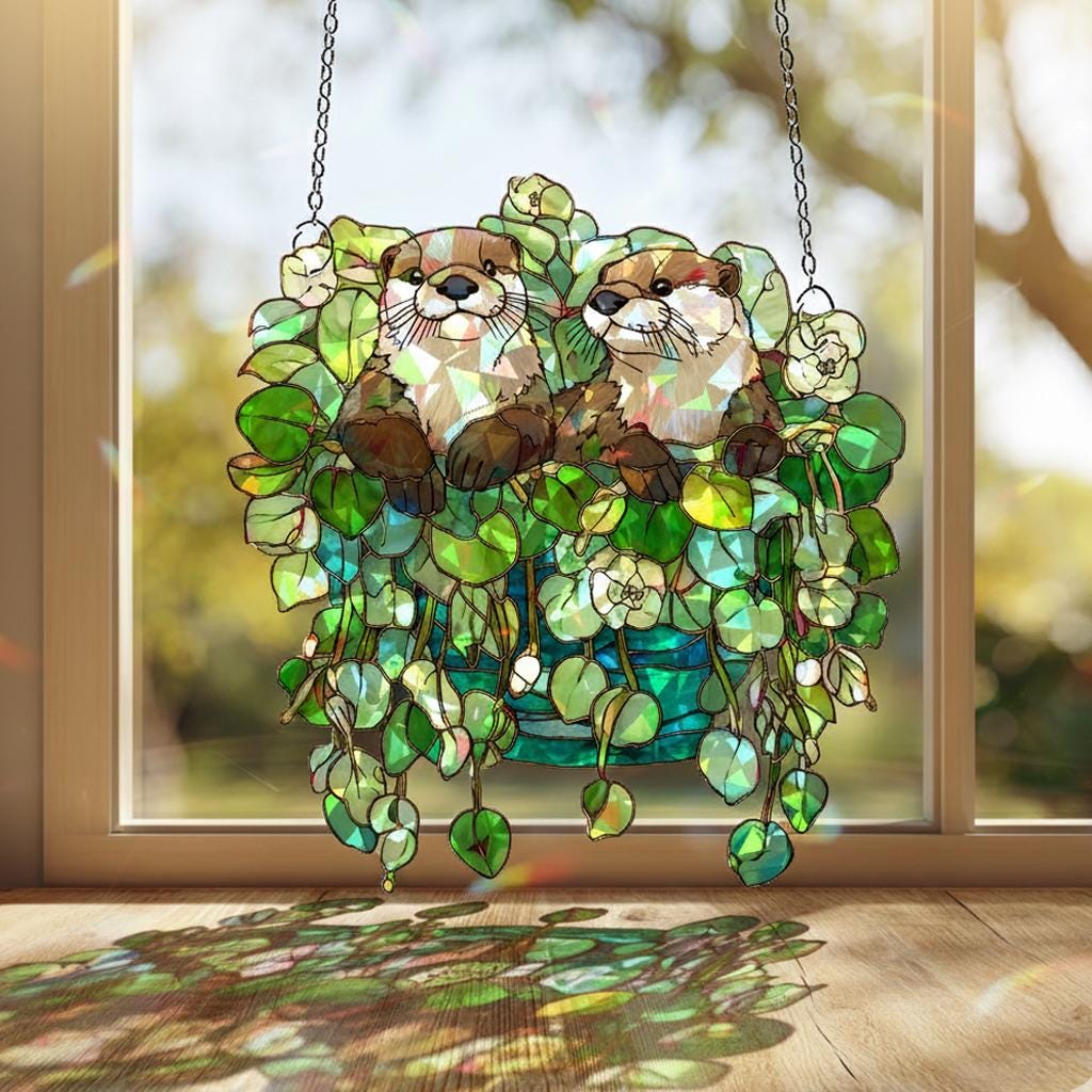 Personalised Otters Floral Plant Suncatcher