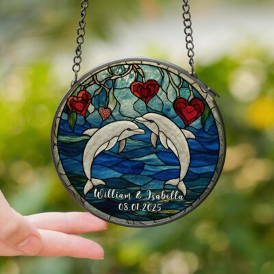 Dolphin Couple Ocean Heart Custom Suncatcher