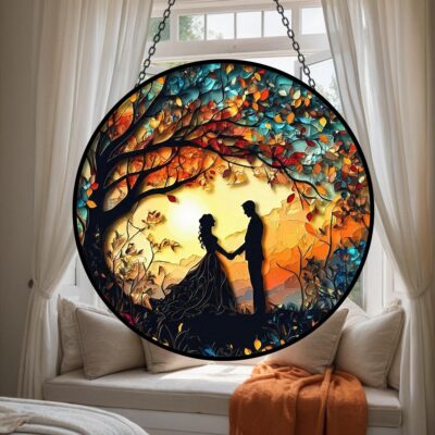 Couple Silhouette Love Tree Custom Suncatcher