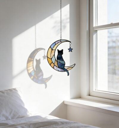 Crescent Moon Cat Glass Suncatcher