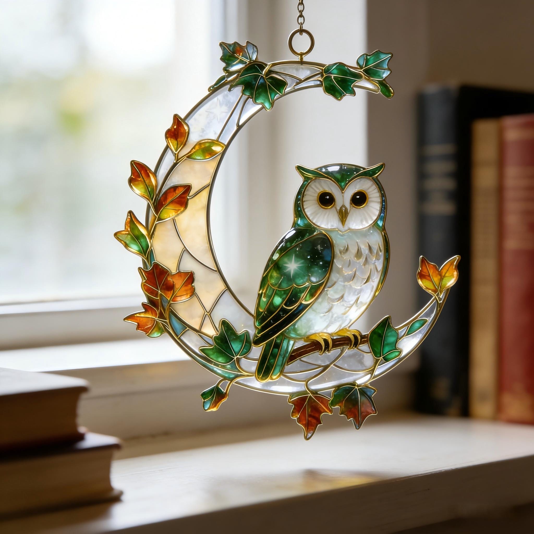 Owl Moon Forest Glass Suncatcher
