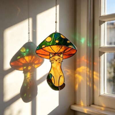 Mushroom Cat Cottagecore Glass Suncatcher