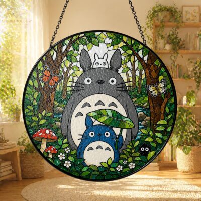 Totoro Forest Cat Glass Suncatcher
