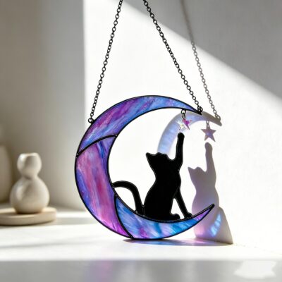 Galaxy Cat Crescent Moon Suncatcher