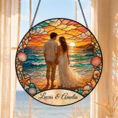Romantic Beach Portrait Wedding Custom Suncatcher