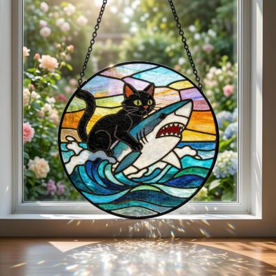 Cat Riding Shark Ocean Suncatcher