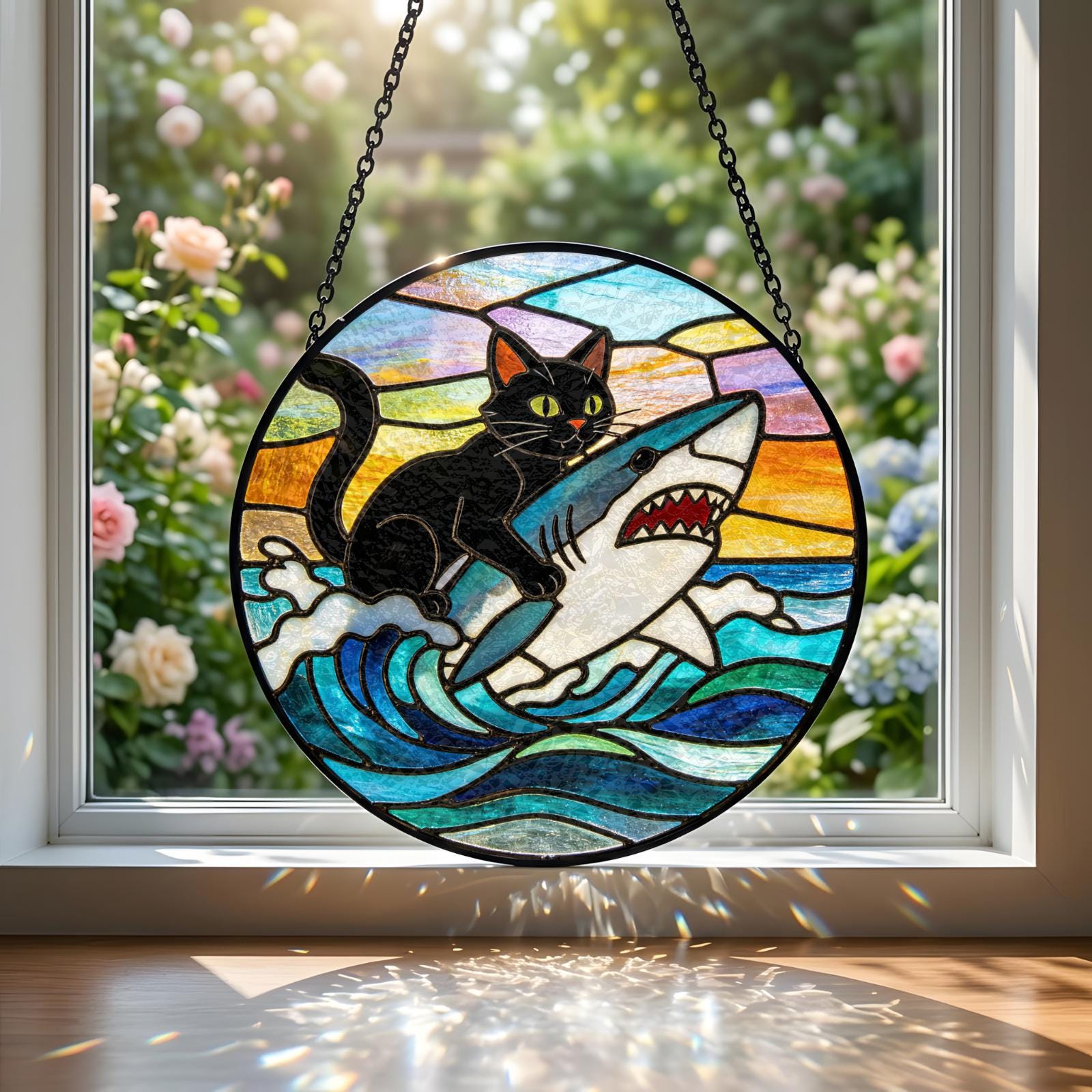 Cat Riding Shark Ocean Suncatcher