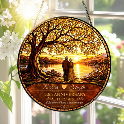 Anniversary Loving Couple Portrait Custom Suncatcher