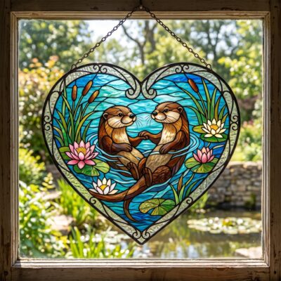 Otter Water Lily Heart Suncatcher