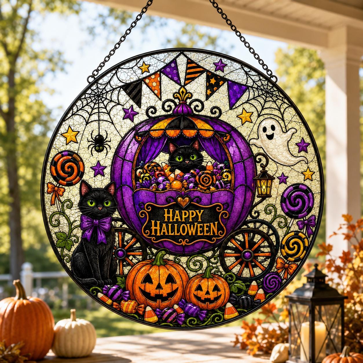 Halloween Black Cat Scarecrow Suncatcher
