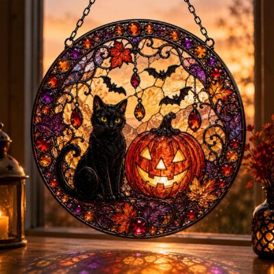 Black Cat Pumpkin Moon Suncatcher