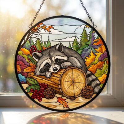 Raccoon Forest Autumn Woodland Suncatcher