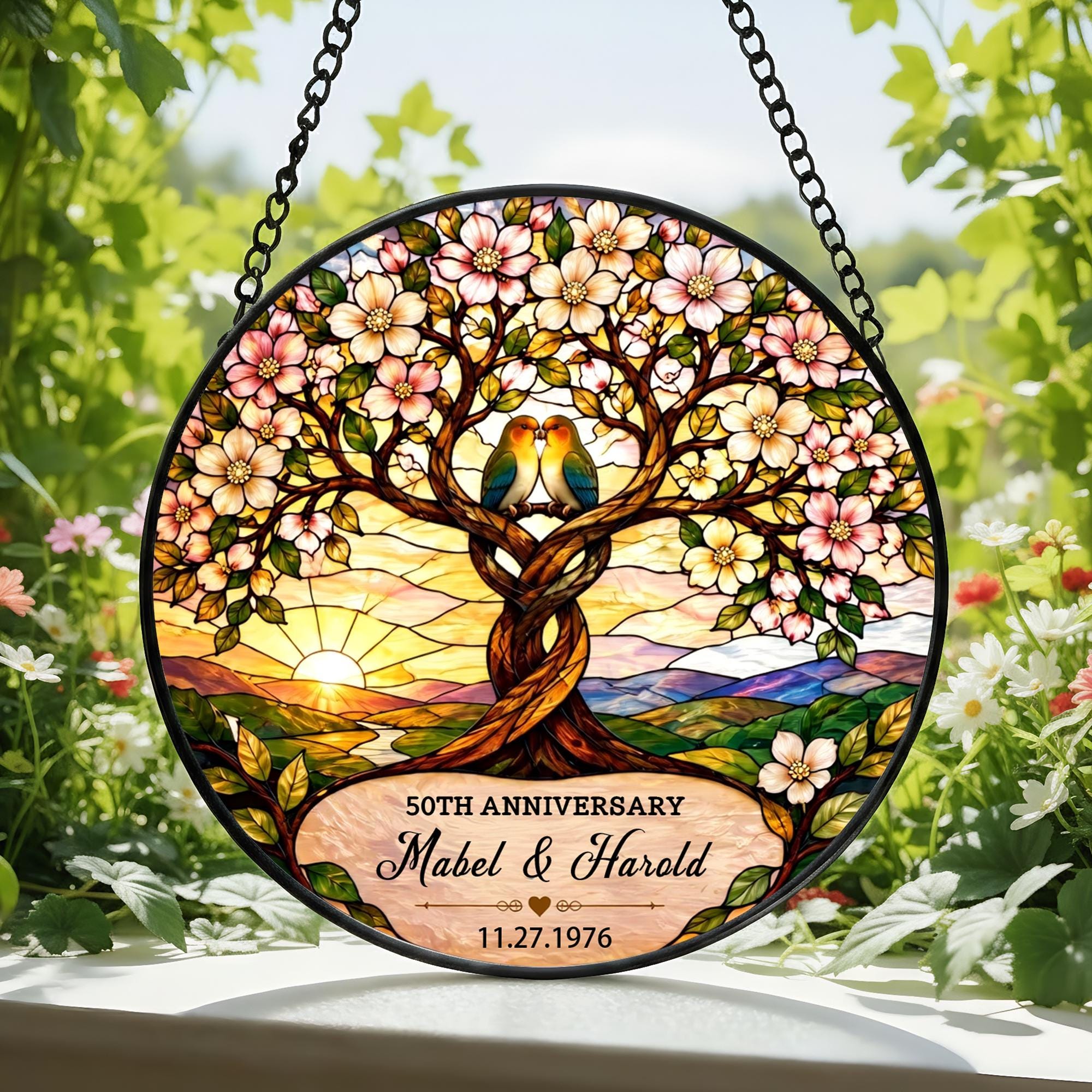 Anniversary Devoted Lovebirds Couple Custom Suncatcher