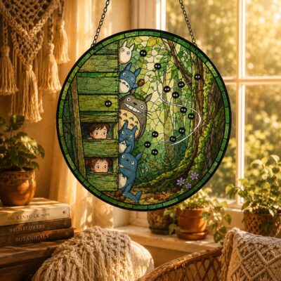 Totoro Forest Scene Glass Suncatcher