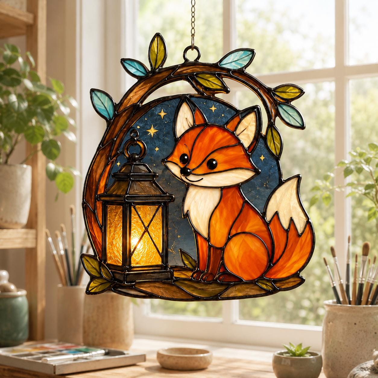 Fox Lantern Starry Night Suncatcher - Image 2