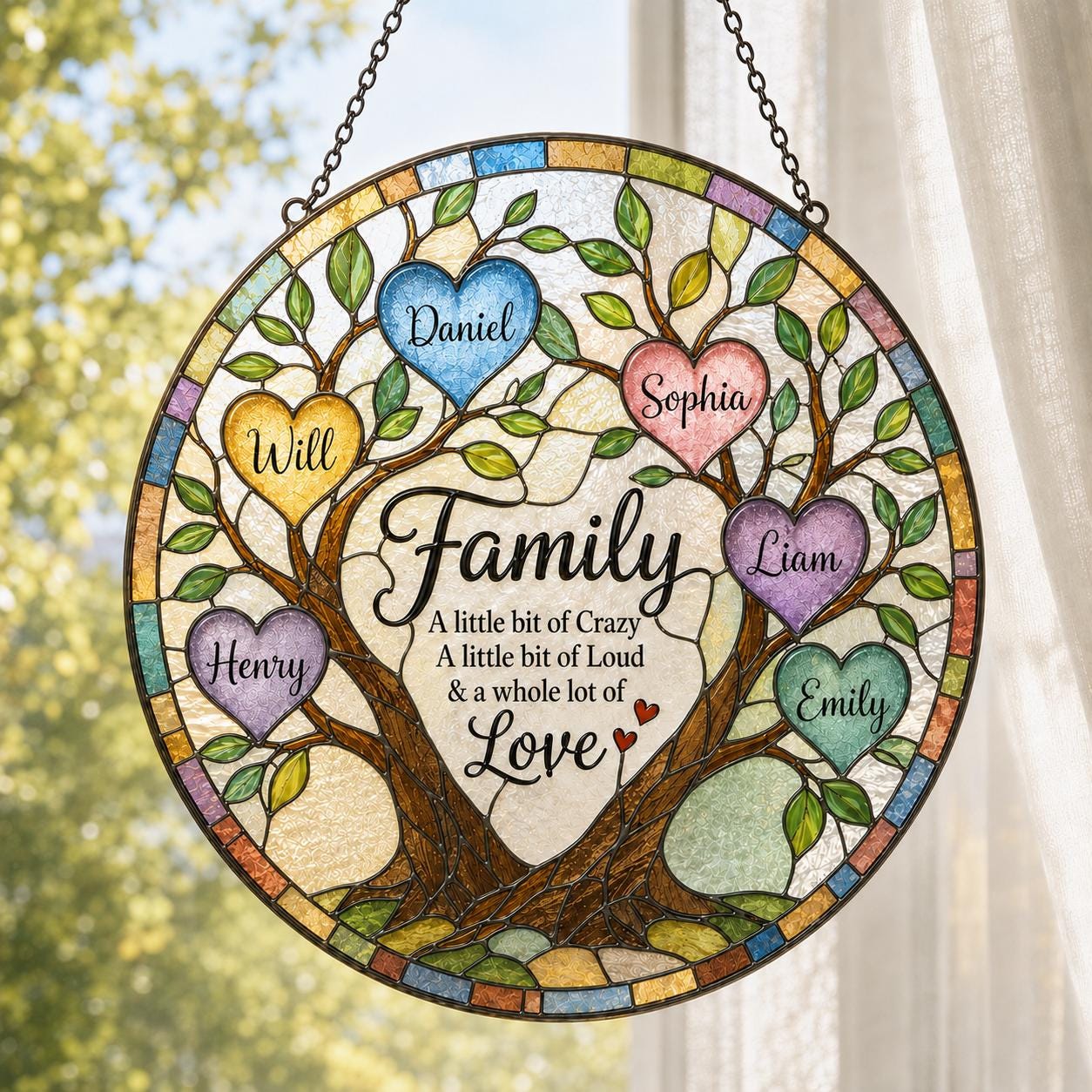 Family Round Glass Tree Custom Suncatcher