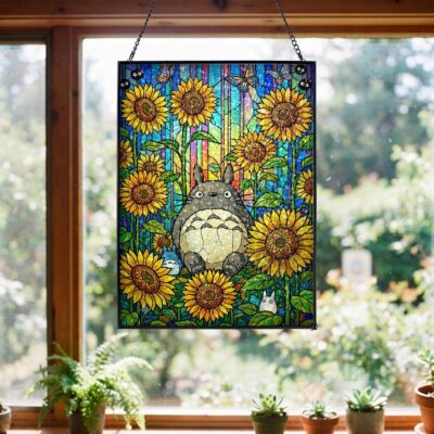 Sunflower Totoro Forest Glass Suncatcher