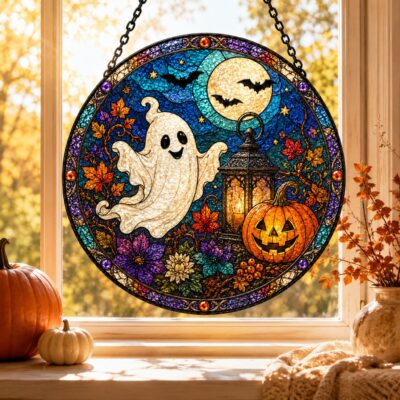 Halloween Ghost Pumpkin Bats Suncatcher