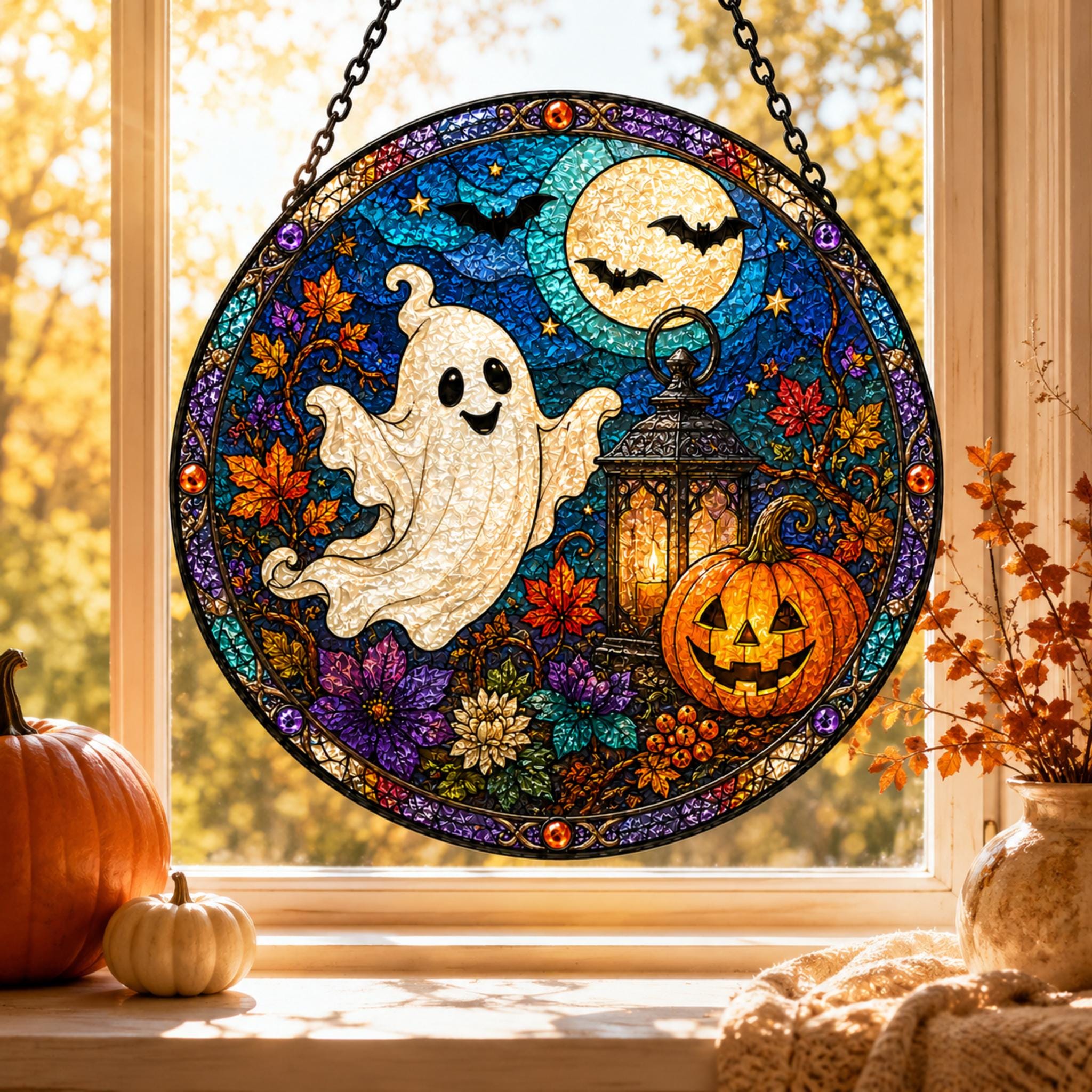 Halloween Ghost Pumpkin Bats Suncatcher