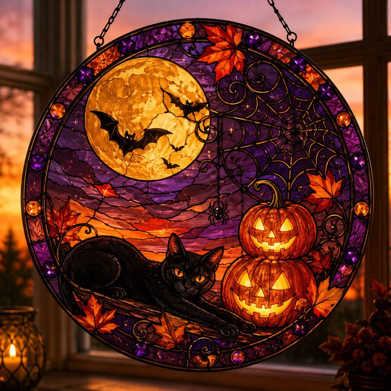 Black Cat Pumpkin Halloween Glass Suncatcher - Image 2