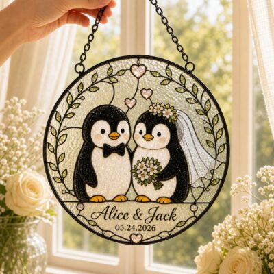 Joyful Penguin Wedding Couple Custom Suncatcher