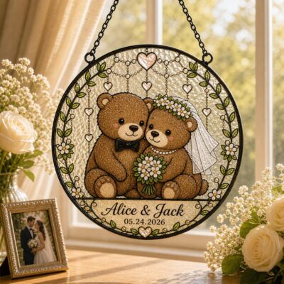 Blissful Bear Wedding Couple Custom Suncatcher