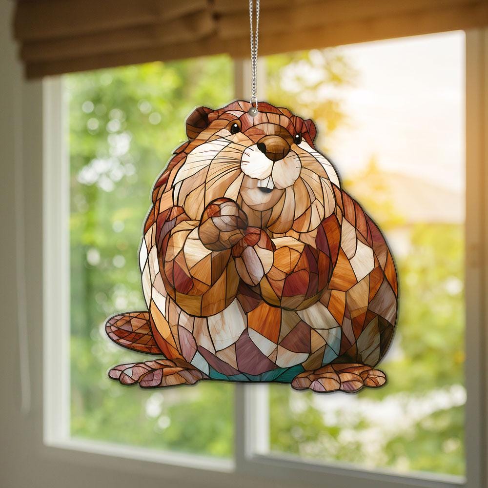 Beaver Woodland Rustic Cabin Suncatcher