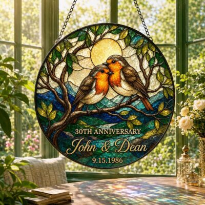 Anniversary Loving Lovebirds Glass Suncatcher