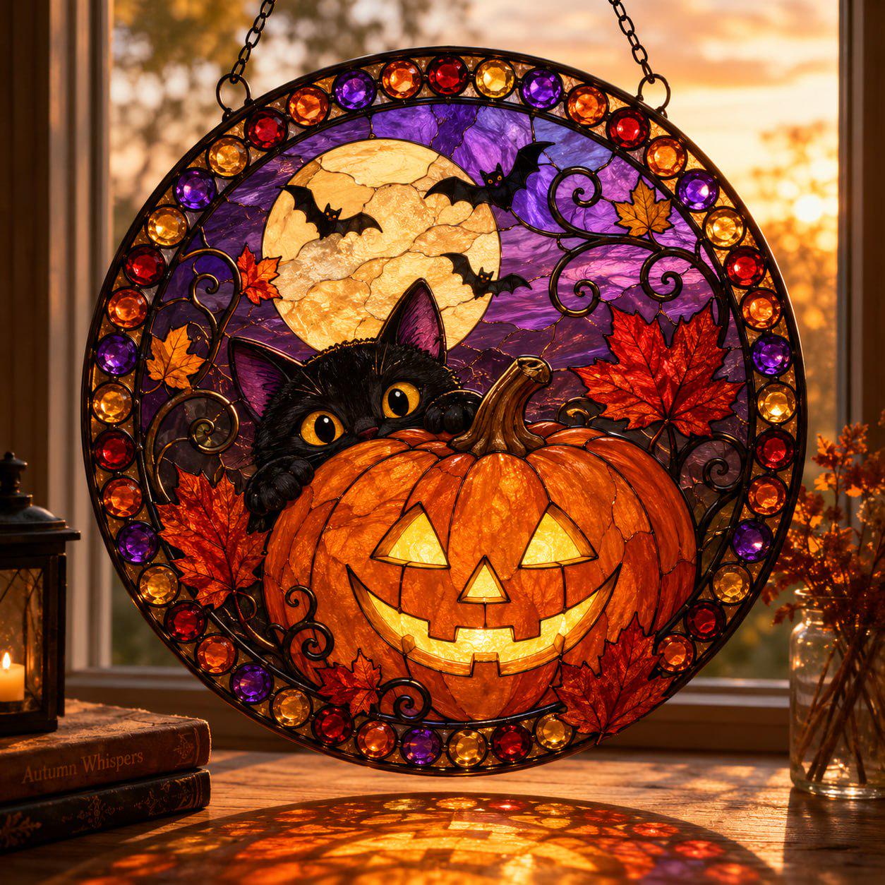 Black Cat Pumpkin Halloween Glass Suncatcher