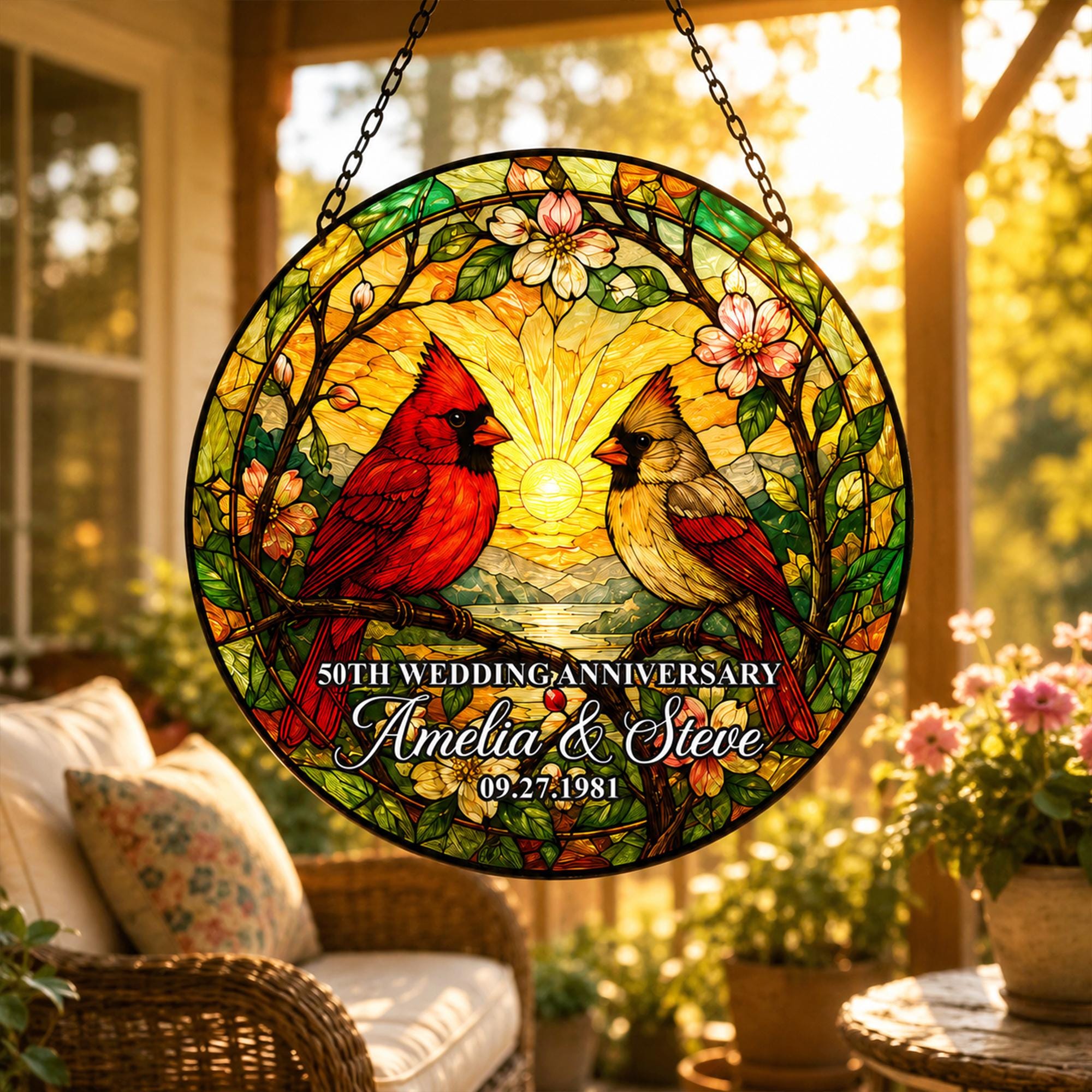 Anniversary Loving Lovebirds Floral Suncatcher