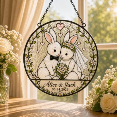 Sweet Rabbit Wedding Couple Custom Suncatcher