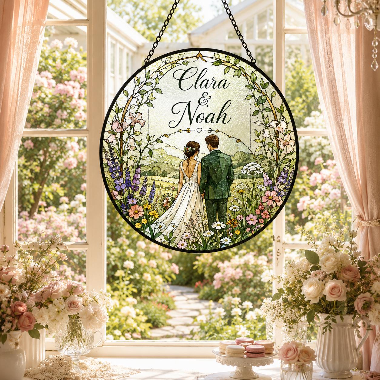 Serene Floral Meadow Wedding Couple Custom Suncatcher - Image 2