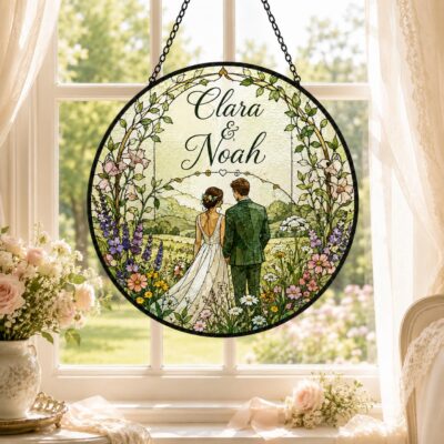Serene Floral Meadow Wedding Couple Custom Suncatcher