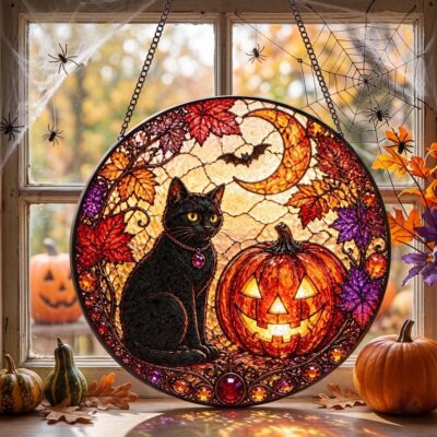 Black Cat Pumpkin Halloween Suncatcher
