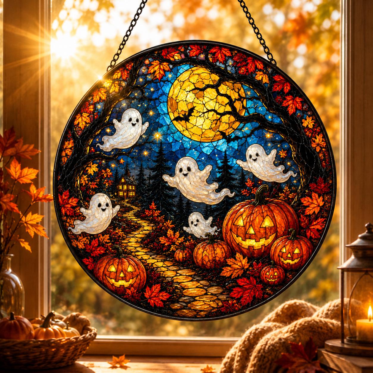 Halloween Ghost Pumpkin Moon Suncatcher